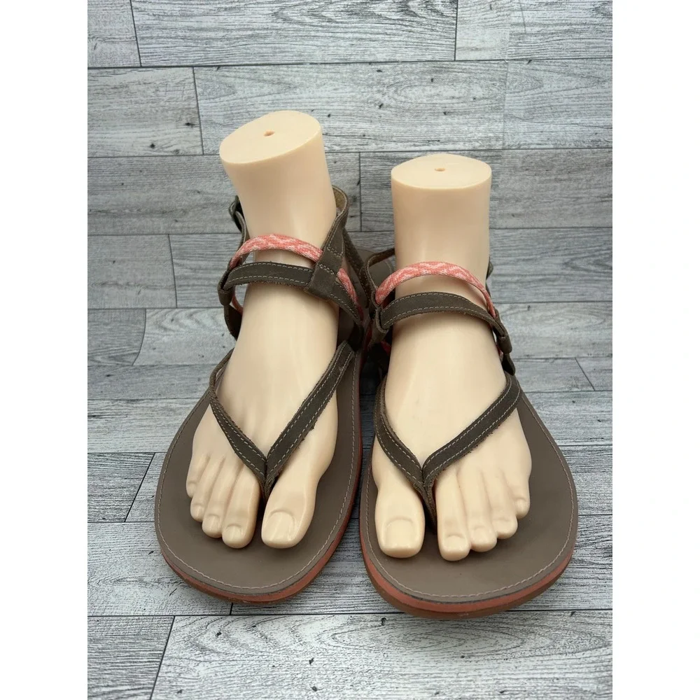 Chaco Women Leather Strappy Thong Sandals Brown Coral Size 10‎ LUVSEAT Footbed